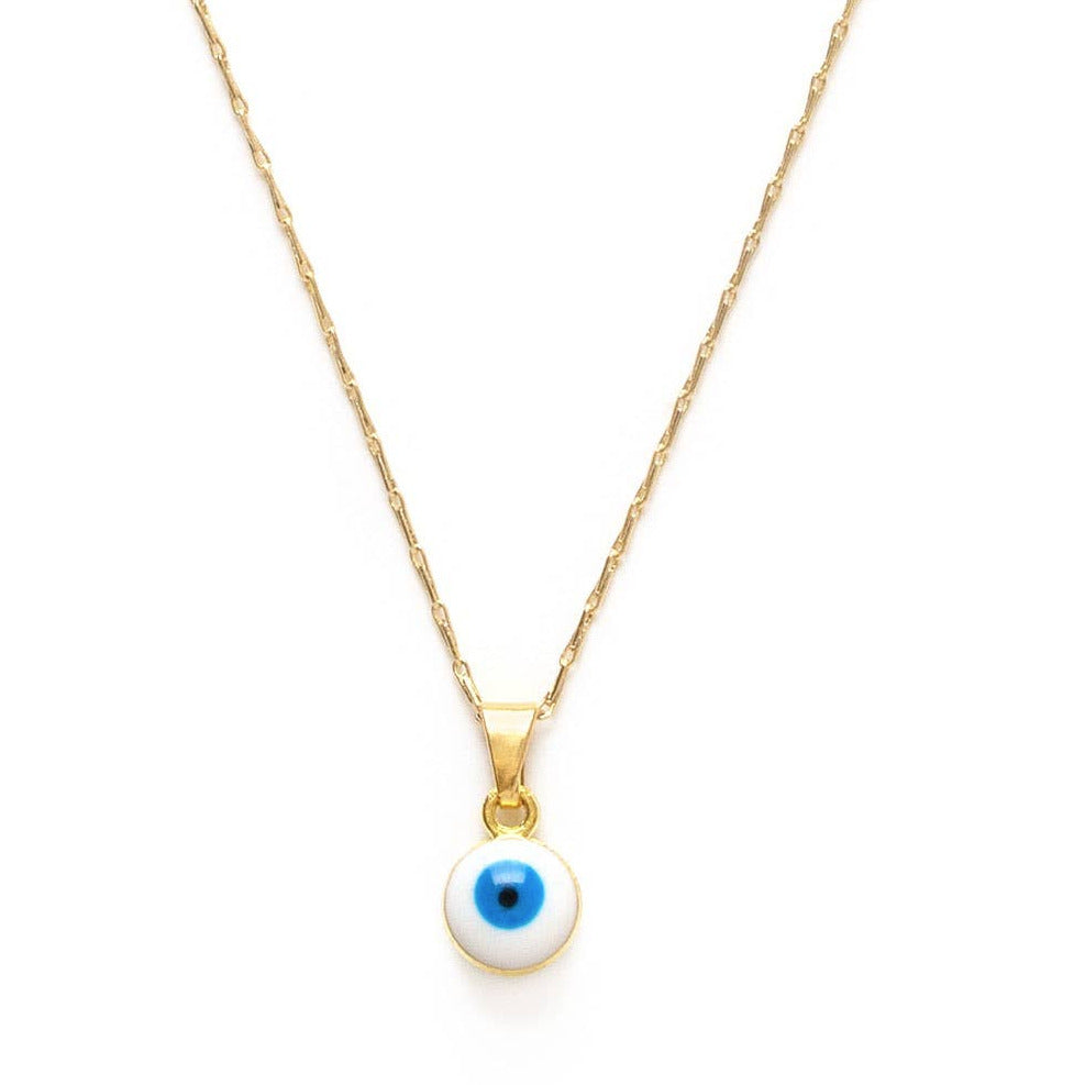 close up of a blue and white eye pendant neckalce and a gold chain. Brand: Amano Studio