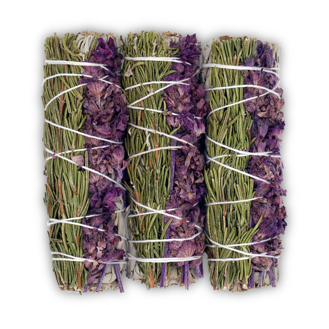 three bundles of sage, lavender and rosemary
