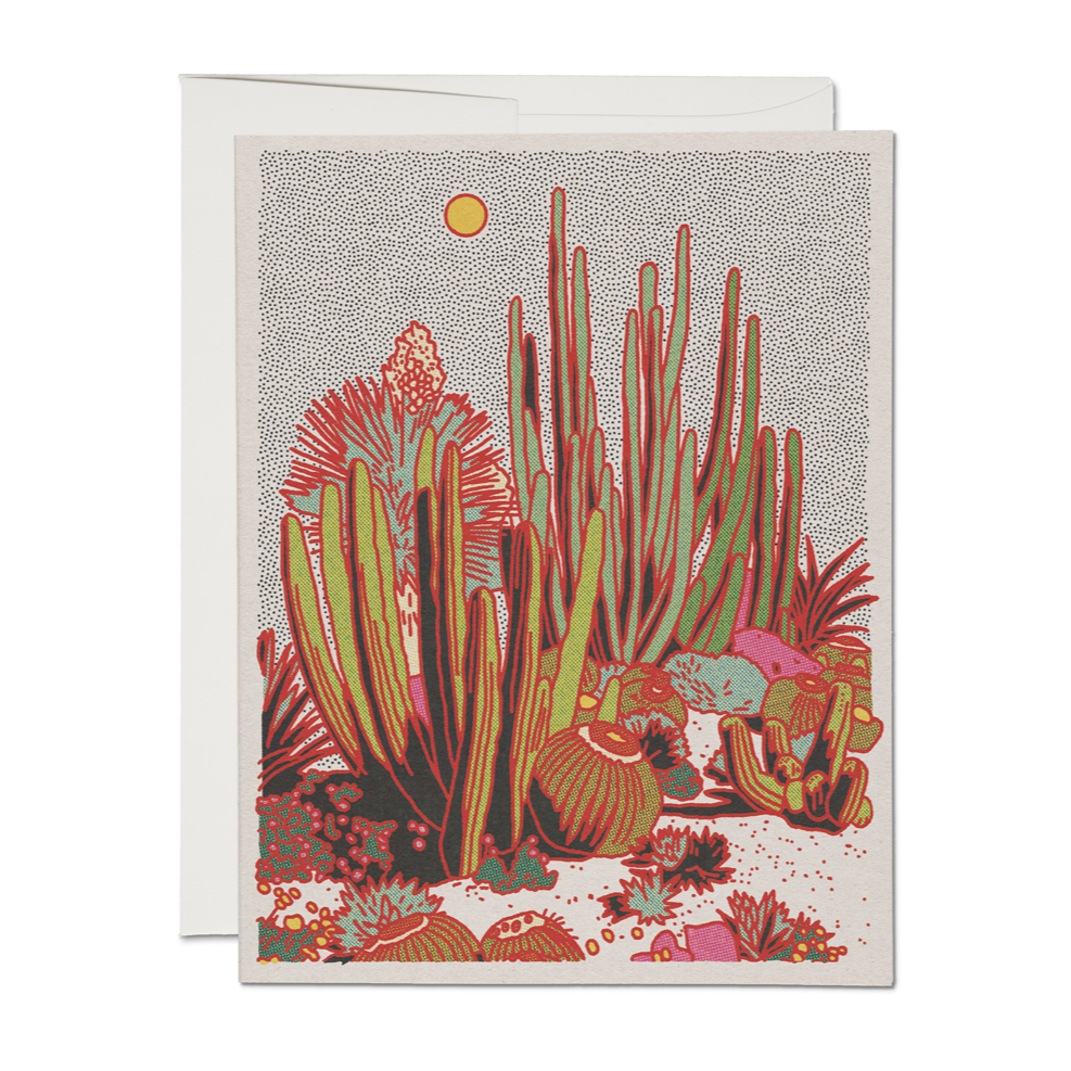 white card featuring a cactus and desert scene featuring a dot grid background.