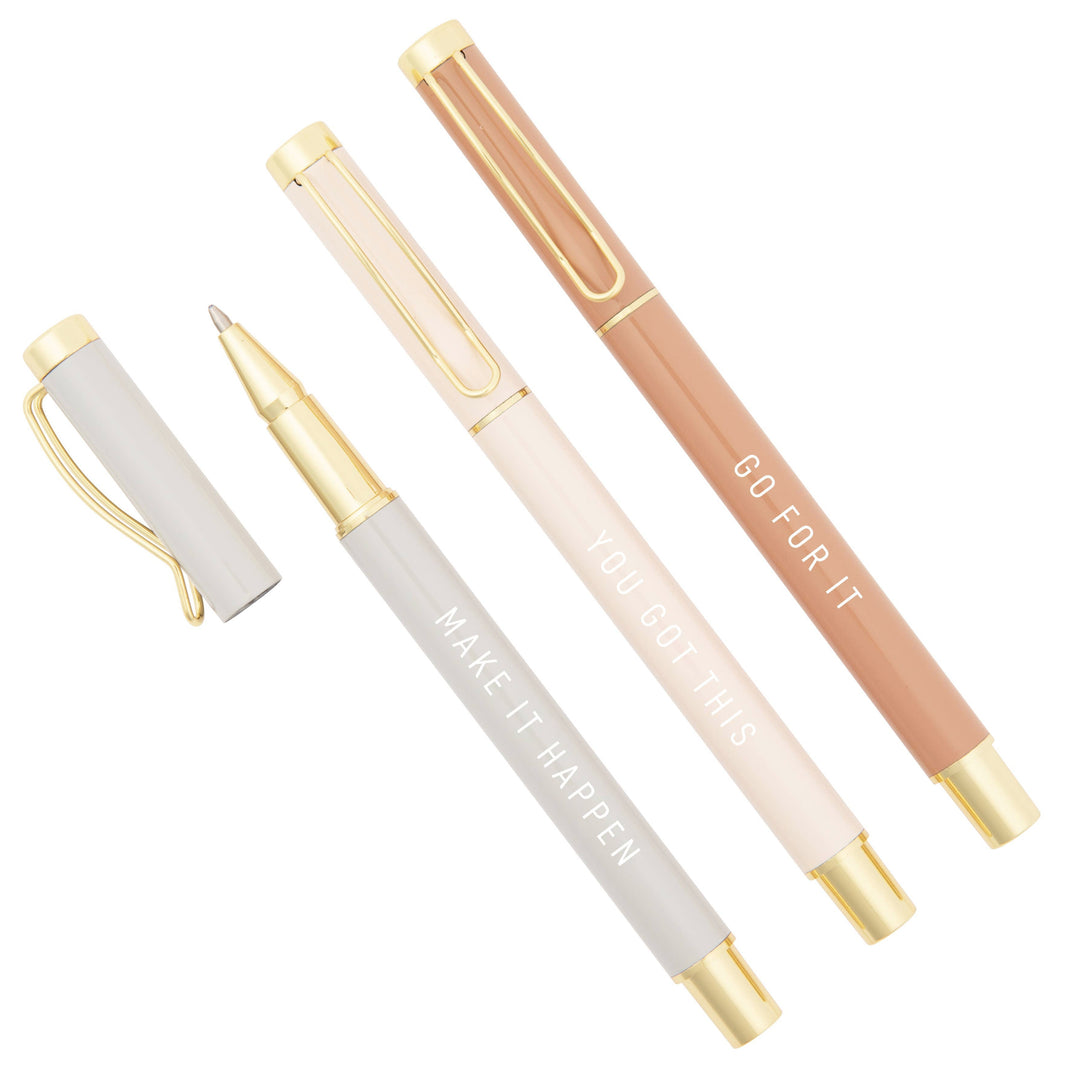set of 3 pens. Pen Colors: Smokey Mauve, Light Pink, Light Grey Pens Read: Go For It, You Got This, Make It Happen