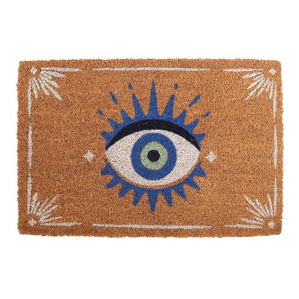 natural fiber doormat with an image of a blue, white and green eye with a white line border.