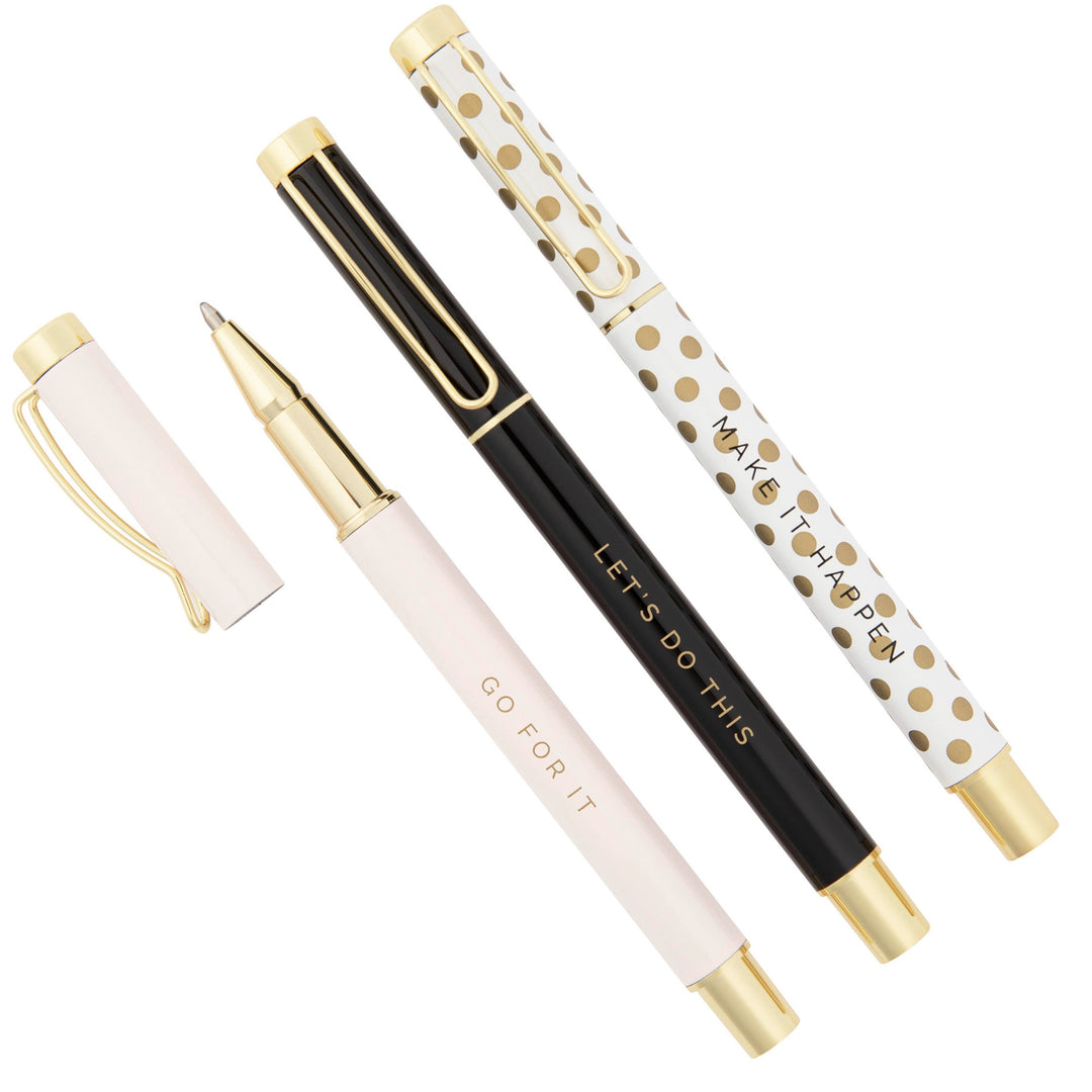 Set of 3 pens. Pen Colors: Light Pink, Black, White with Gold Dots Pens Read: Go For It, Let's Do This, Make It Happen