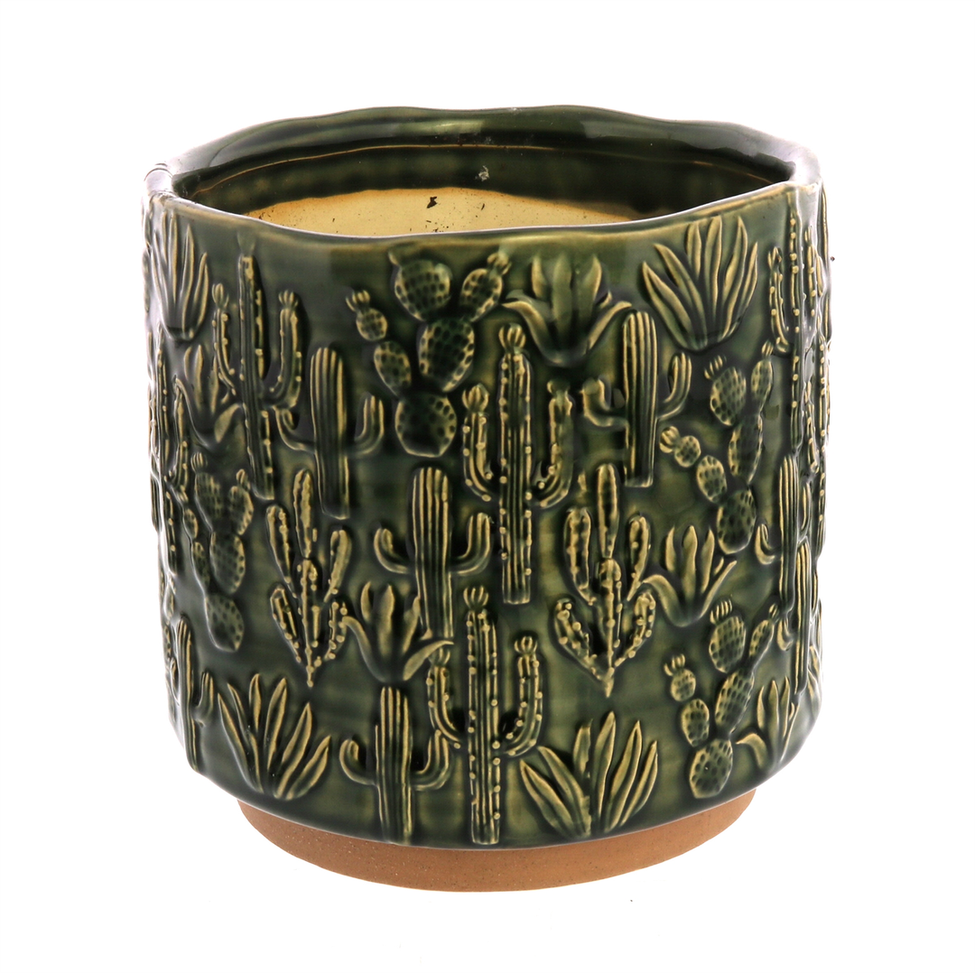 green ceramic pot embossed with various types of cacti
