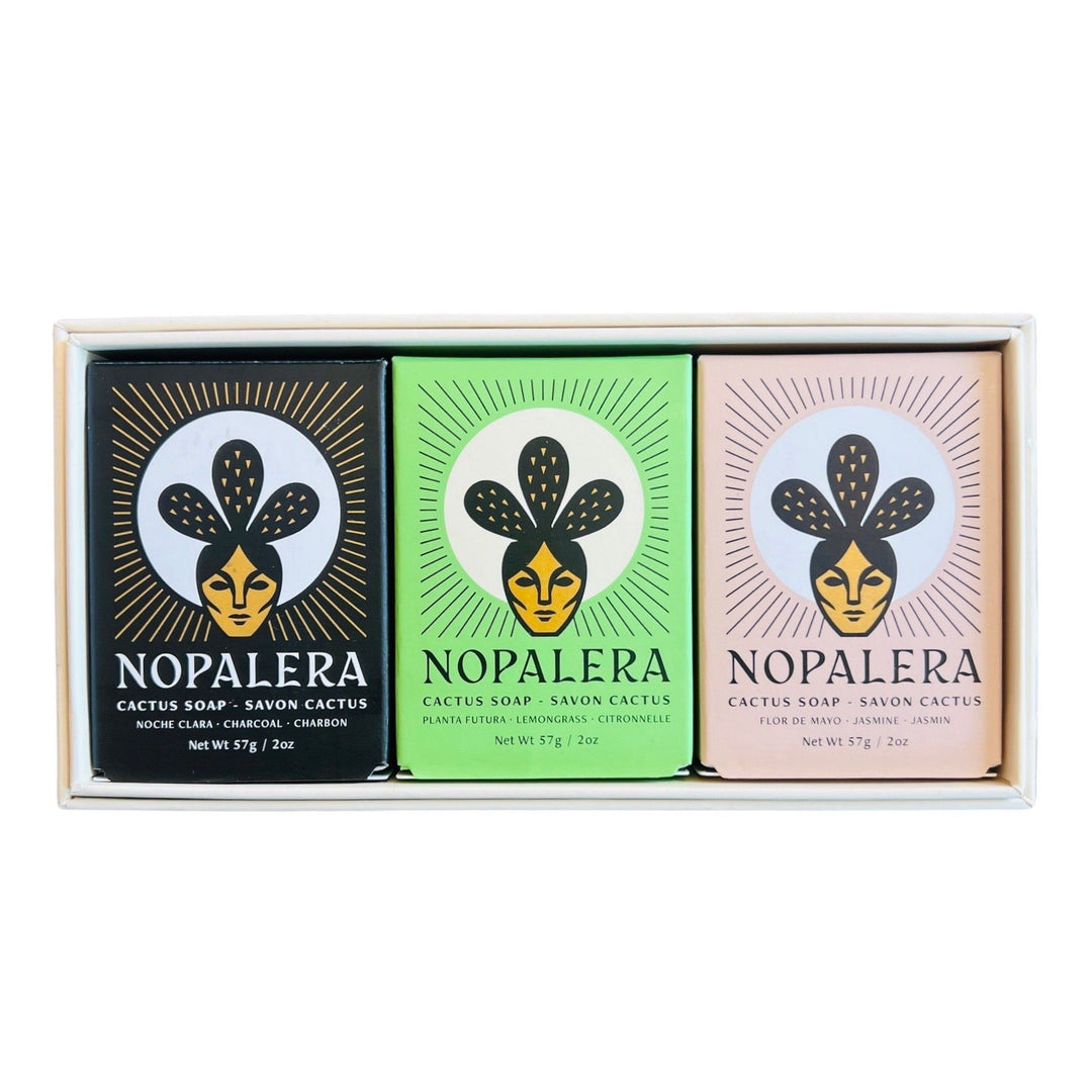 Three 2oz nopalera soaps in green, black and lavender packaging. Brand: Nopalera