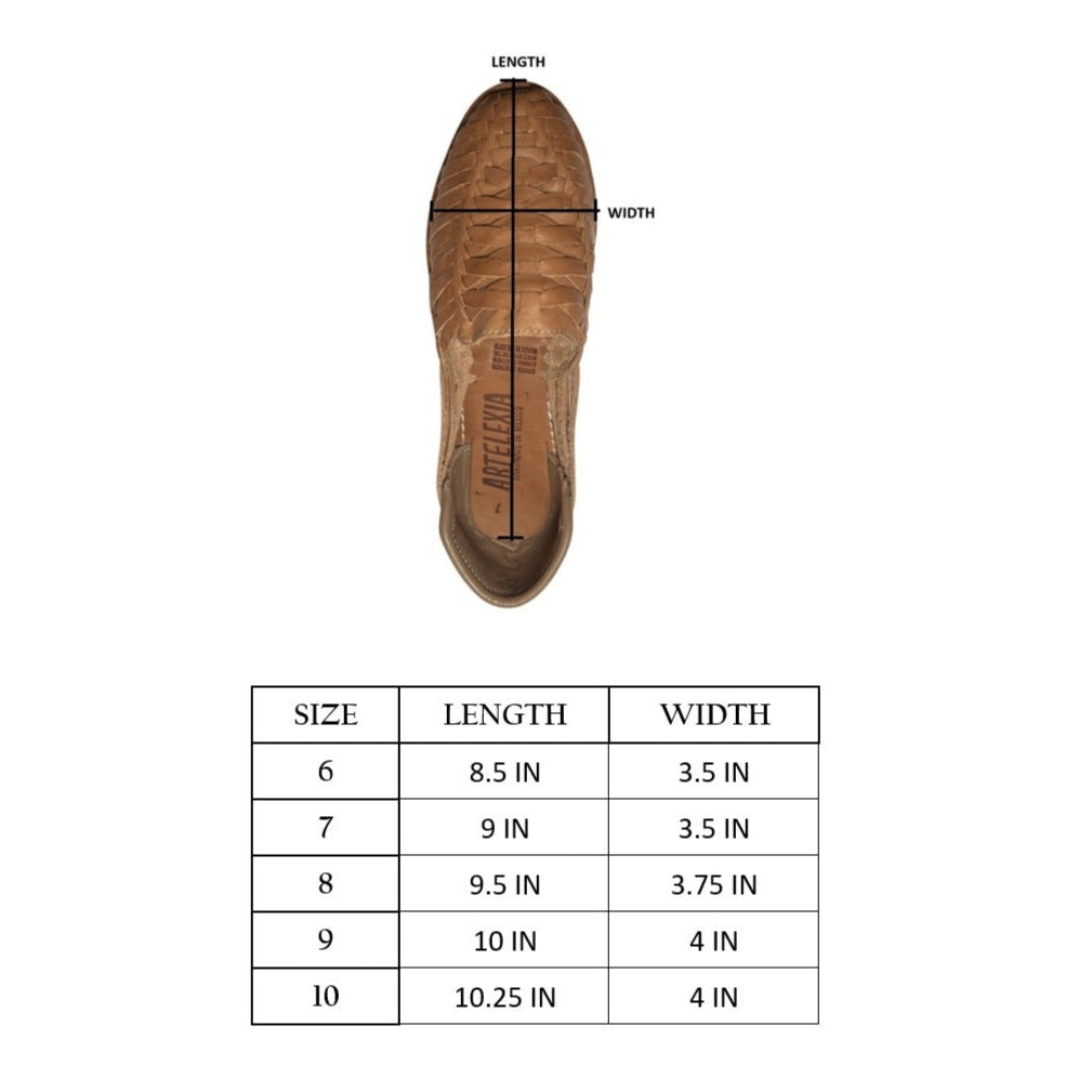 Size chart that features the huarache on the top and the size table on the bottom