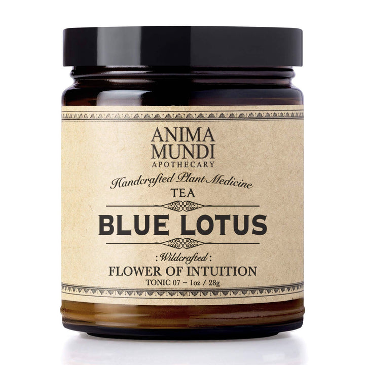 1 oz dark brown jar of blue lotus tea in a branded kraft label with black lettering. Brand: Anima Mundi Apothecary