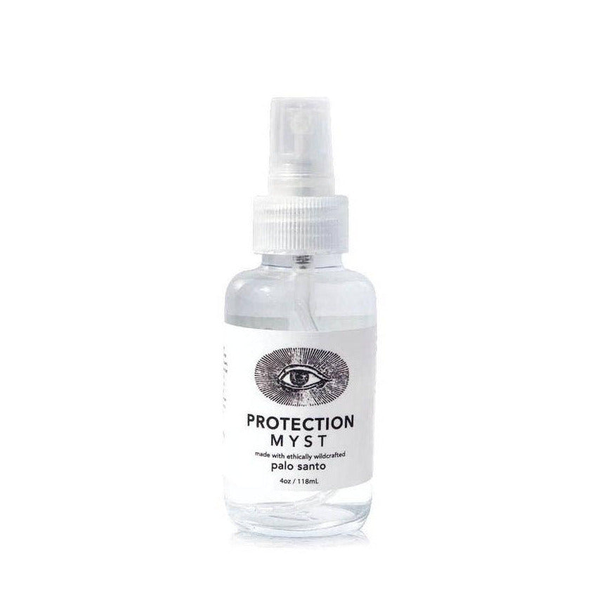 4 oz clear glass spray bottle of protection myst with a white branded label featuring an illustration of an eye. Brand: Anima Mundi Apothecary