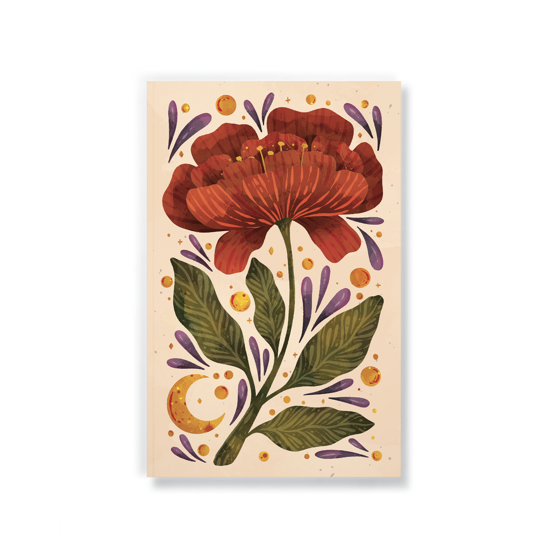 Beige notebook with an image of a red flower and green stem along with purple and gold acents designs.