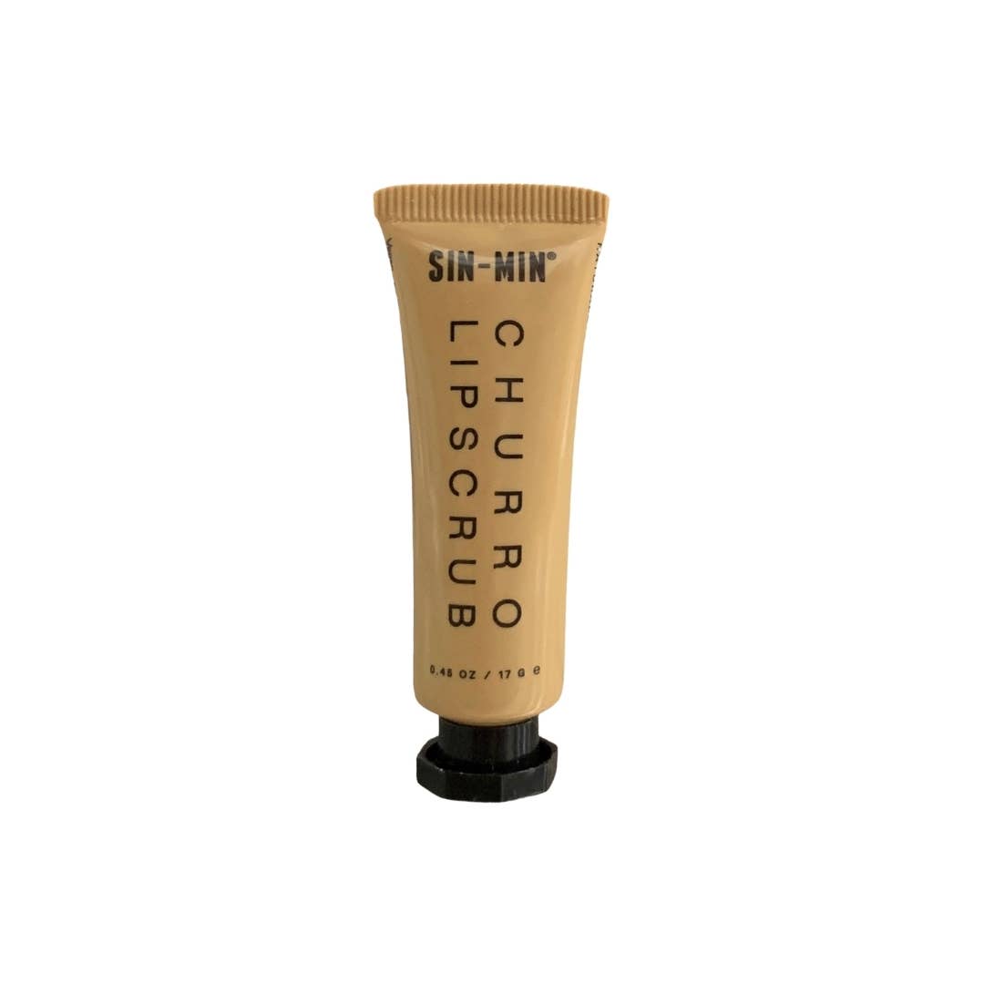 .48 oz churro lip scrub in a brown tube with black branded lettering. Brand: Sin-min