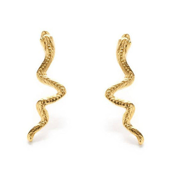 set of gold snake shaped earrings. Brand: Amano Studio