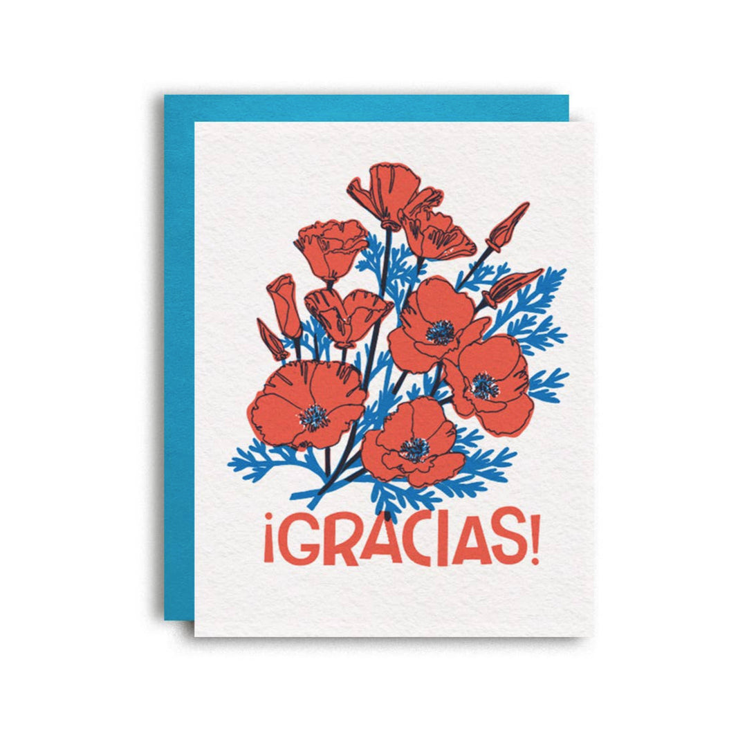 white card and teal envelope with red orange poppies and blue foliage featuring the word Gracias in red orange lettering