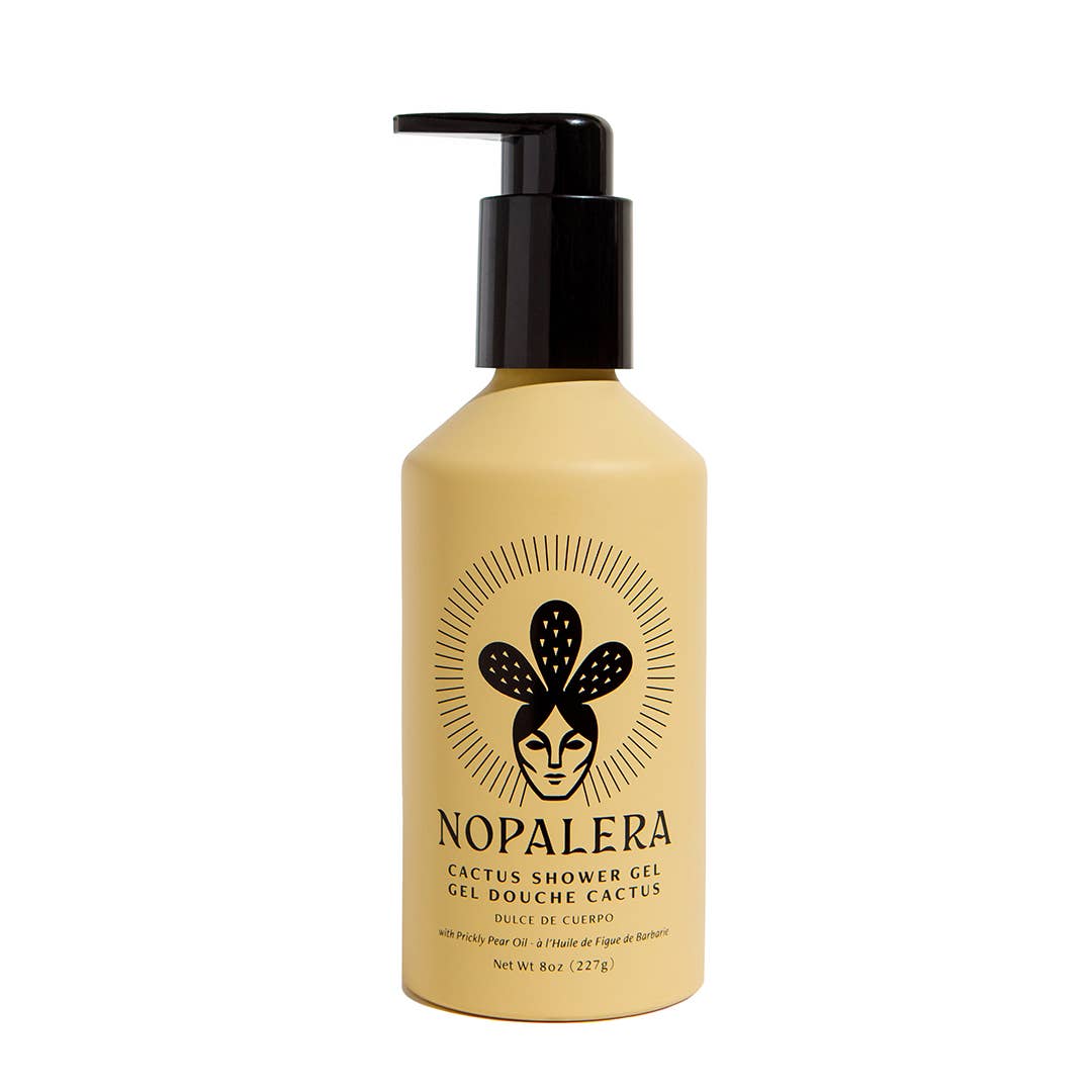 8 oz beige bottle of cactus shower gel featuring an image of a woman wearing a cactus crown. Brand: Nopalera