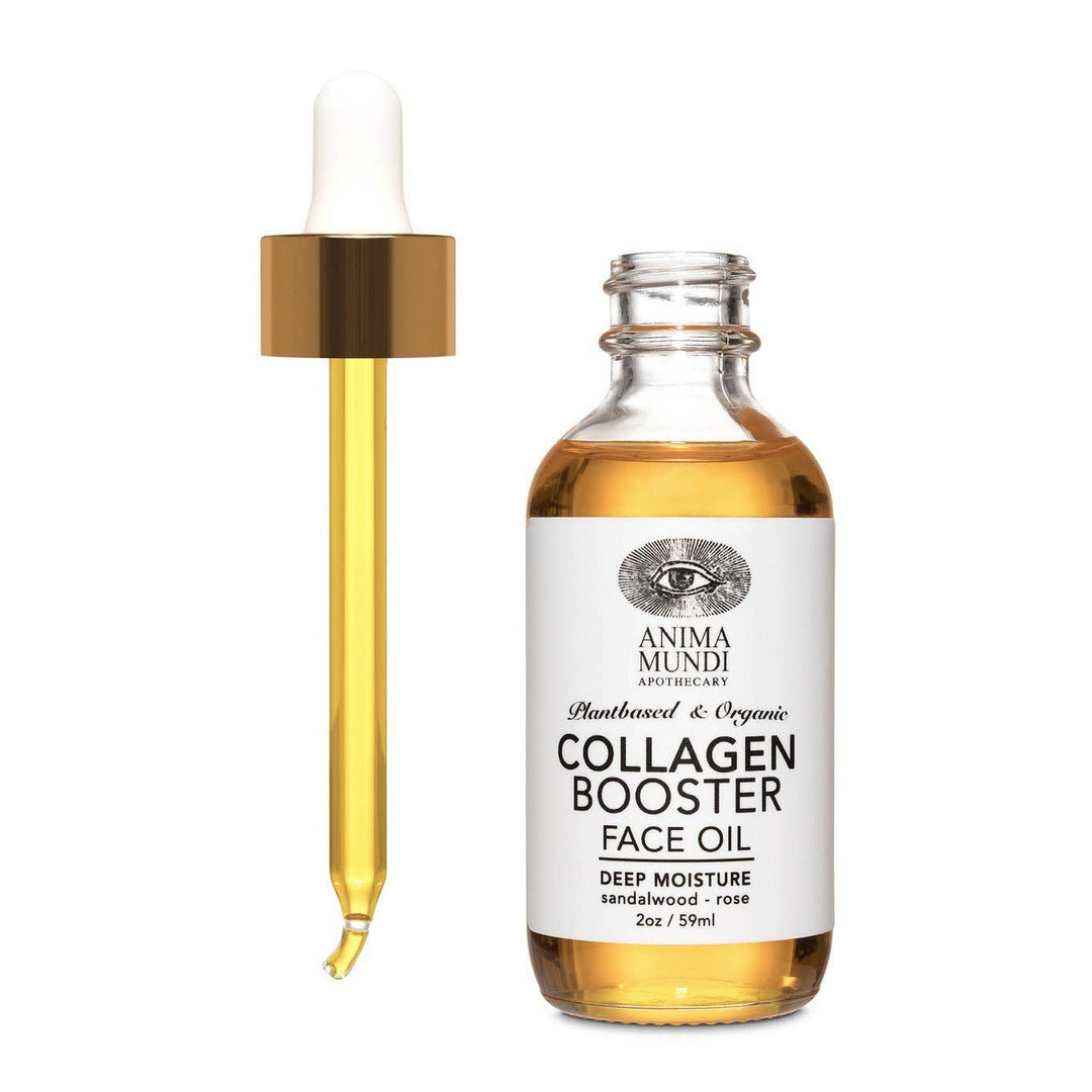 2 oz clear bottle with collagen booster face oil with a white branded label featuring a filled dropper to the left of the bottle. Brand: Anima Mundi Apothecary